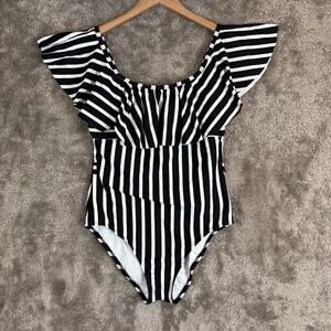 Athena Black White Stripe One Piece Flounce Ruffle Off Soulder Swimsuit 14 L